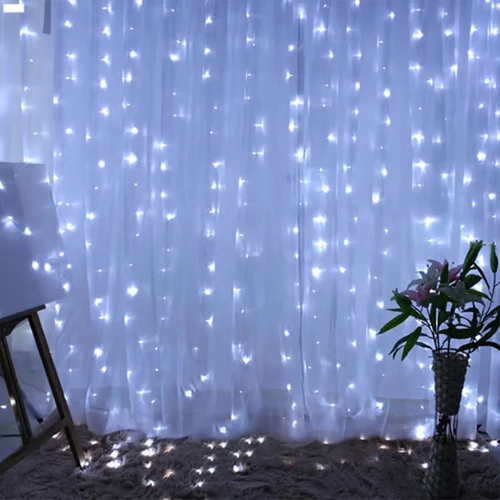 LED Рождественская гирлянда - шторы на медной леске с пультом 3x3м, холодный белый, USB, IP20, 300LED