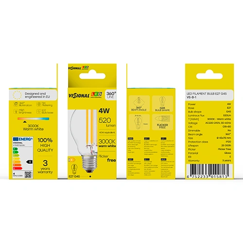LED Filamenta spuldze E27, G45, 4W, 520lm, 3000K, 360°