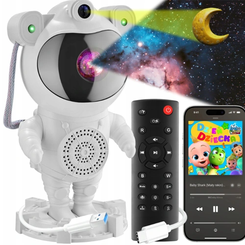 Projektors astronauts ar iebūvēto skaļruni un pulti mājām - zvaigžņotas debesis, galaktikas, kosmosa projekcija