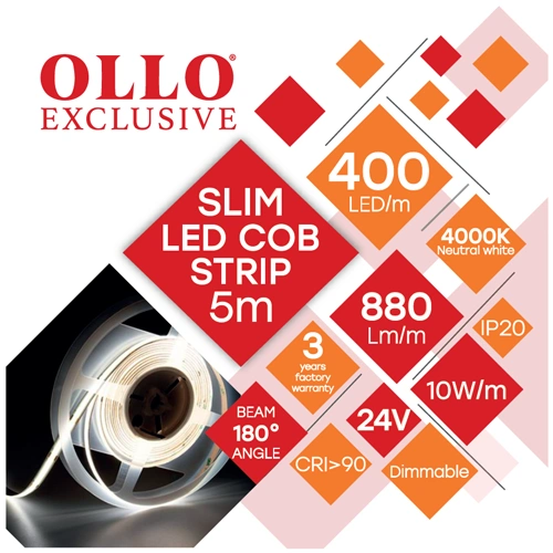 LED lente COB SLIM, 4000K, IP20, 24V, 10W/m, 880Lm/m