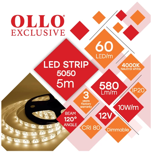 LED lente SMD5050, 4000K, IP20, 12V, 10W/m, 580Lm/m