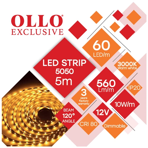 LED lente SMD5050, 3000K, IP20, 12V, 10W/m, 560Lm/m