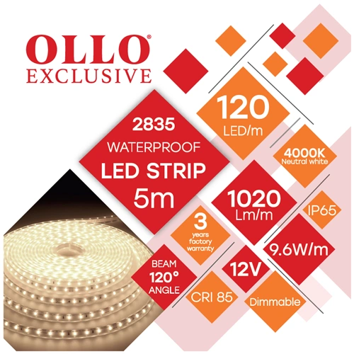 LED lente SMD2835, 4000K, IP65, 12V, 9.6W/m, 1020Lm/m