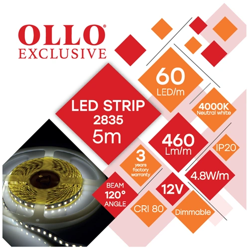 LED лента SMD2835, 4000K, IP20, 12V, 4.8W/m, 460Lm/m