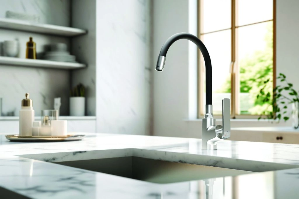 Kitchen faucet with flexible spout and Eco Start system, LIGARIA