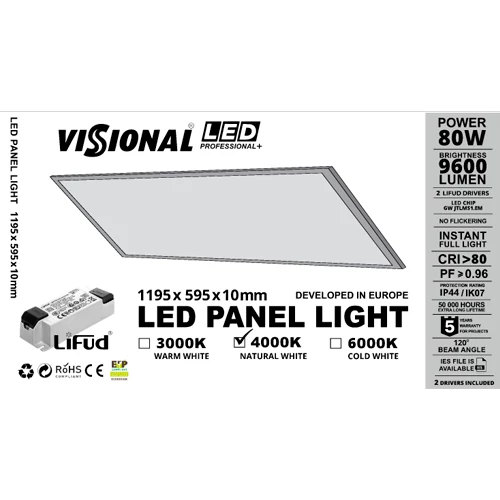 LED Panel with OSRAM diodes 60x120 cm, 80W, 4000K, Professional+