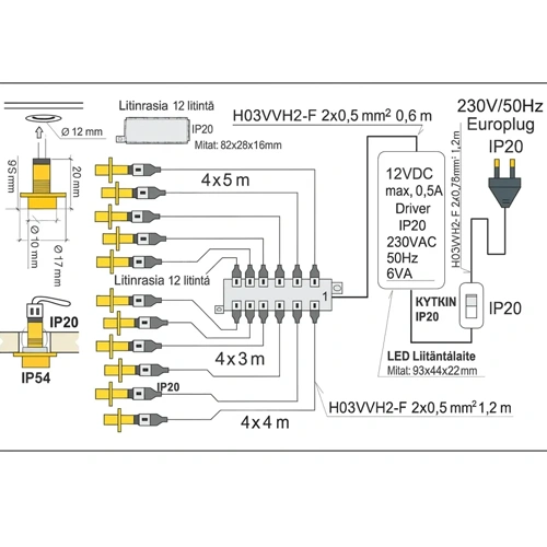 LED Zvaigžņotā debess komplekts, saunām, bērnu istabām, vanas istabām, 12 gaismekļi, 6000K, IP54, 35°, sudraba korpuss