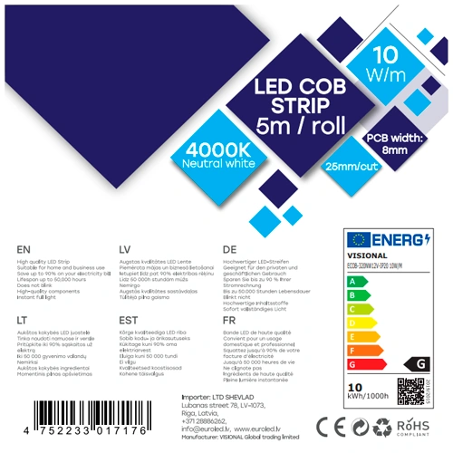 COB LED strip 5m, 10W/m, 4000K, 12V, IP20