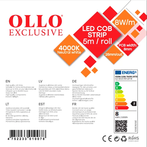 LED Lente COB 4000K, IP20, 12V, 8W