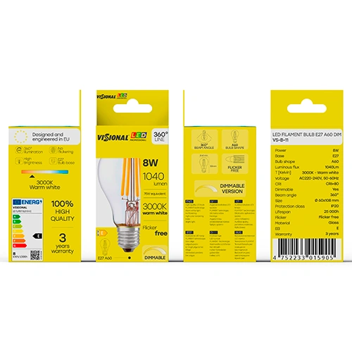LED Dimmējama filamenta spuldze E27, A60, 8W, 1040lm, 3000K, 360°