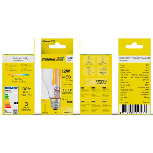 LED Dimmējama filamenta spuldze E27, A60, 12W, 1450lm, 3000K, 360°