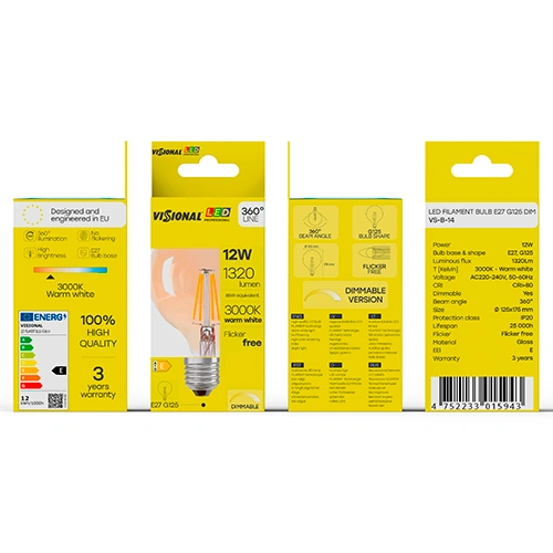 LED Dimmējama filamenta spuldze E27, G125, 12W, 1320lm, 3000K, 360°, amber