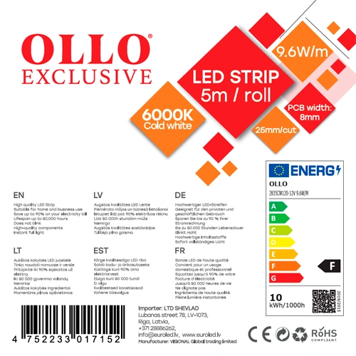 LED Lente 5m, 9.6 W/m, 6000K, IP20, 12V, SMD2835