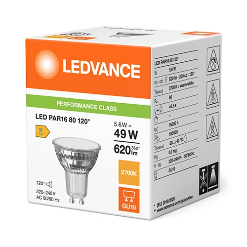 LED лампа GU10, 5.6W, 620Lm, 3000K, 120°
