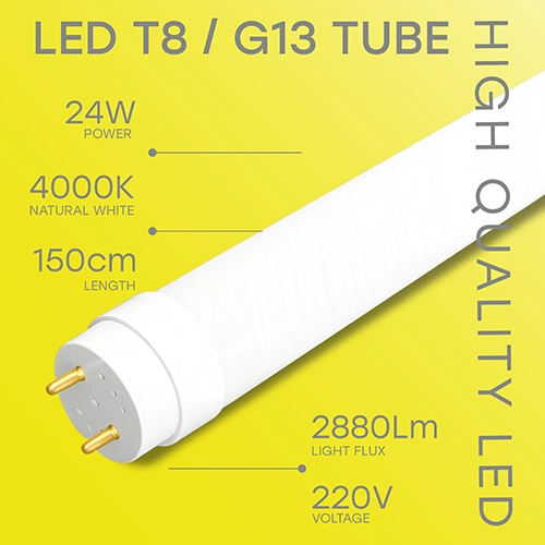 LED spuldze T8, 150 cm, 24W, 4000K, 2880Lm, IP20