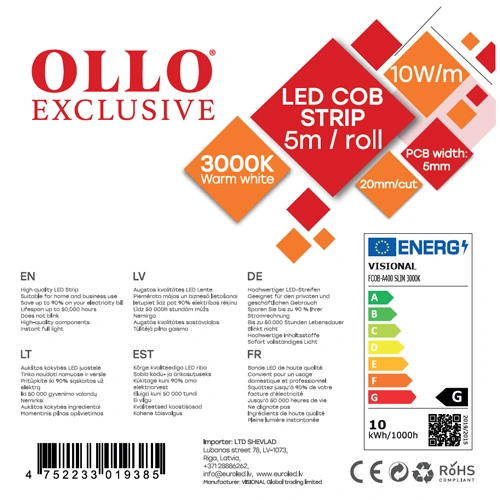 LED lente COB SLIM, 3000K, IP20, 24V, 10W/m, 867Lm/m