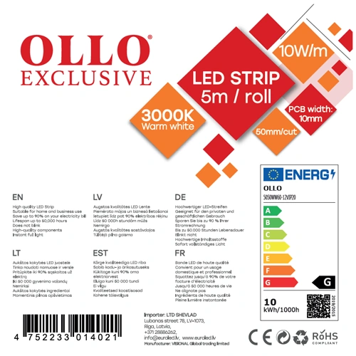 LED lente SMD5050, 3000K, IP20, 12V, 10W/m, 560Lm/m