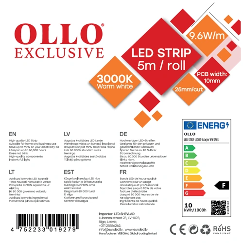 LED лента SMD2835, 3000K, IP65, 12V, 9.6W/m, 1020Lm/m