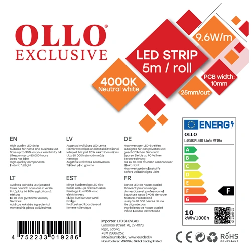 LED lente SMD2835, 4000K, IP65, 12V, 9.6W/m, 1020Lm/m