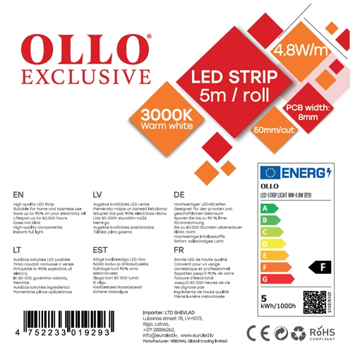 LED lente SMD2835, 3000K, IP20, 12V, 4.8W/m, 460Lm/m