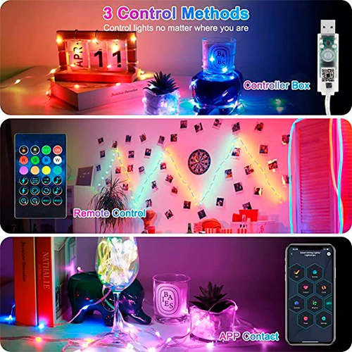 LED Ziemassvētku virtene ar pulti un SMART vadību, 10m, daudzkrāsaina, USB 5V, IP44, 100LED