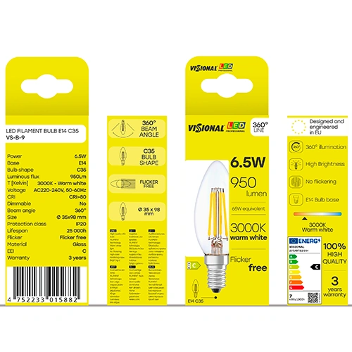 LED Filamenta spuldze E14, C35, 6.5W, 950lm, 3000K, 360°