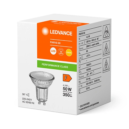 LED spuldze GU10 4,3W, 3000K, 350lm, 36°