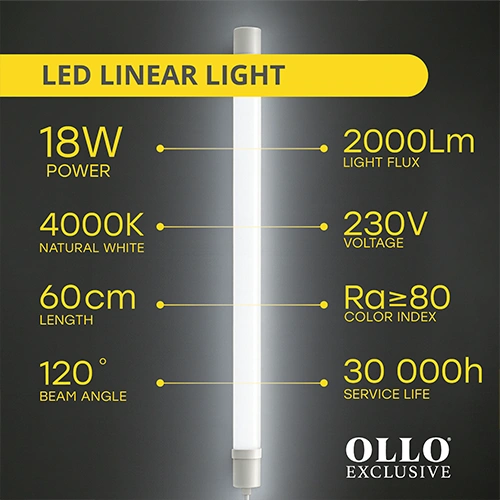 LED Mitrumizturīgs lineārais gaismeklis 60cm, 18W, 4000K