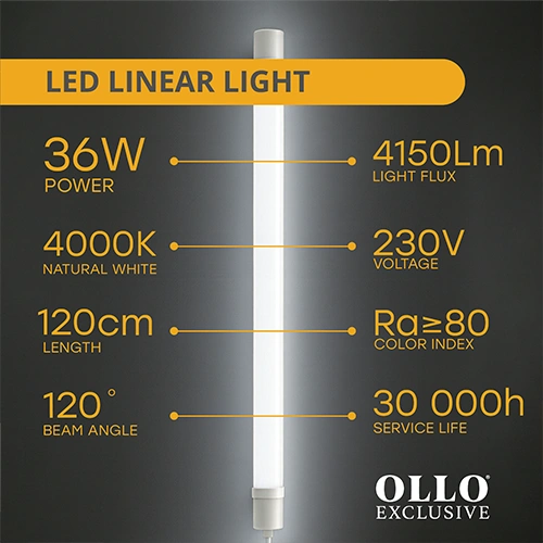 LED Mitrumizturīgs lineārais gaismeklis 120cm, 36W, 4000K