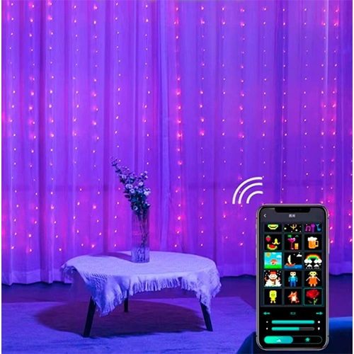 LED Ziemassvētku virtene - aizkari ar pulti un SMART vadību, 1.6x1.6m, daudzkrāsaina, 7V, IP44, 256LED