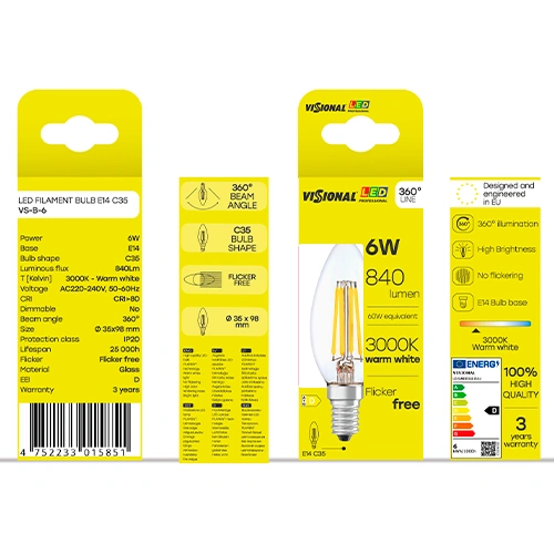 LED Filamenta spuldze E14, C35, 6W, 840lm, 3000K, 360°
