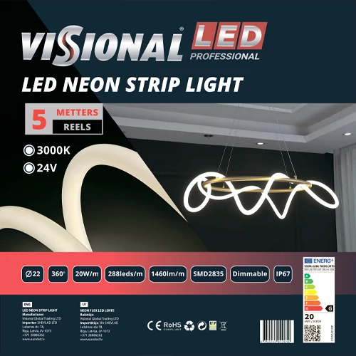 LED neona lente 5m, 3000K, IP67, 24V, 20W/m, NEON FLEX, Professional