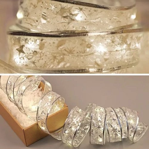 Ziemassvētku iekštelpu sudraba virtene 10m, silti balts, uz baterijām, IP20, 100 LED