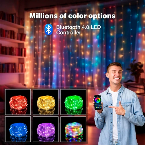 LED Ziemassvētku virtene ar pulti un SMART vadību, 10m, daudzkrāsaina, USB 5V, IP44, 100LED