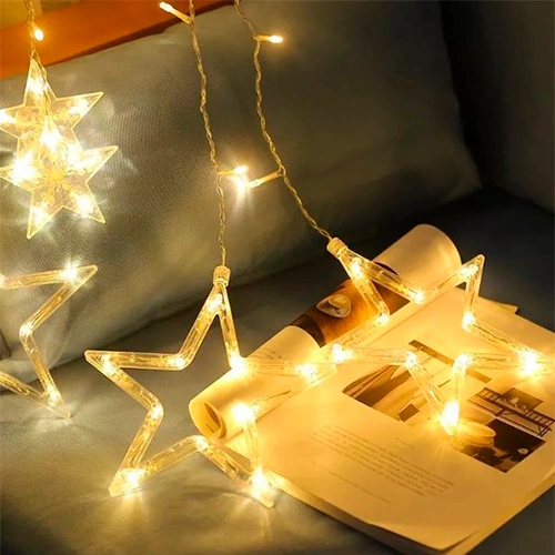 LED Ziemassvētku virtene - aizkari ar zvaigznēm, silti balta, 31V, IP44, 144LED