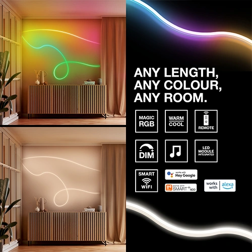 Viedā neona LED lente ar pulti 5m, 4.2W/m, RGBTW, IP44