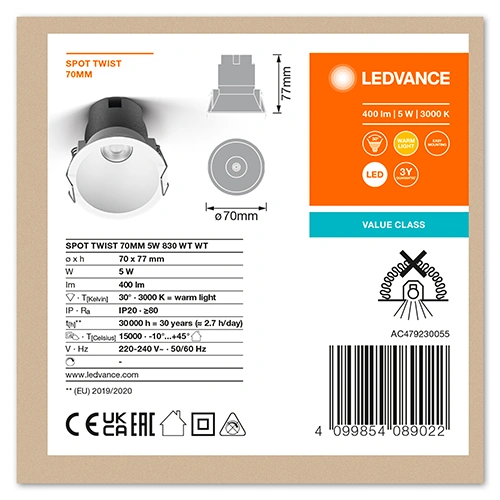 LED Recessed light 5W, 3000K, 400Lm, 30°, Ø70x77 mm, Spot Twist