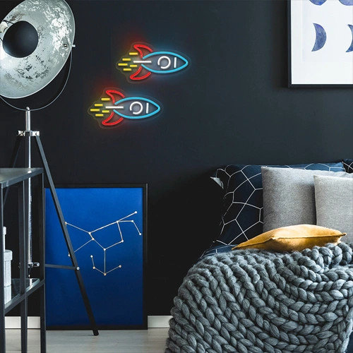 LED Neona gaismas izkārtne - raķete, daudzkrāsains