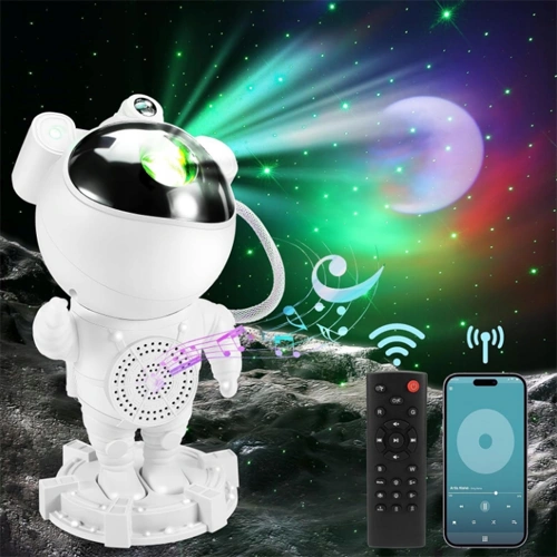 Projektors astronauts ar iebūvēto skaļruni un pulti mājām - zvaigžņotas debesis, galaktikas, kosmosa projekcija