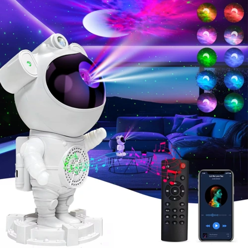 Projektors astronauts ar iebūvēto skaļruni un pulti mājām - zvaigžņotas debesis, galaktikas, kosmosa projekcija