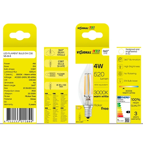 LED Filamenta spuldze E14, C35T, 4W, 520lm, 3000K, 360°
