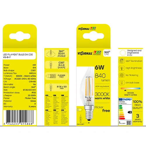 LED Filamenta spuldze E14, C35T, 6W, 840lm, 3000K, 360°