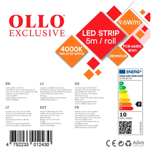 LED strip 2835, 4000K, IP20, 12V, 9.6W